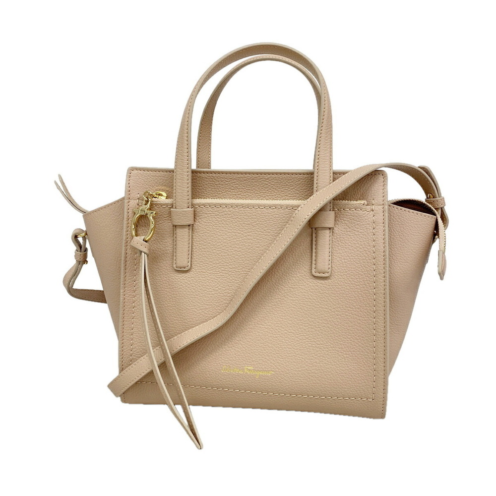 Salvatore Ferragamo Gancini Leather Handbag, Beige, 2-way Bag for Women